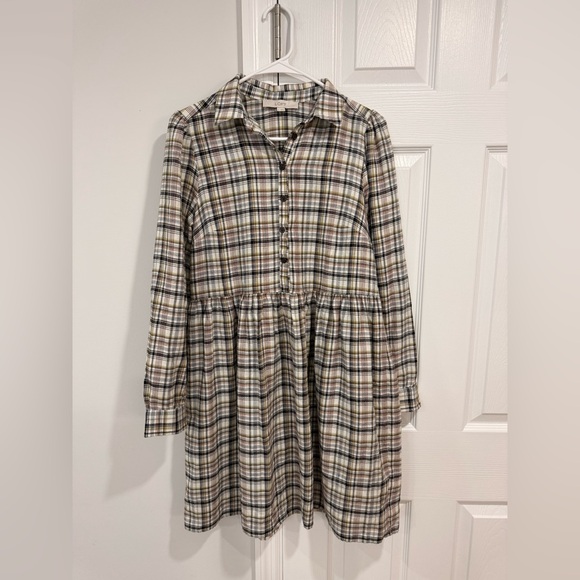 LOFT Multicolor Plaid flannel babydoll swing shirt dress mini knee length - Picture 4 of 6